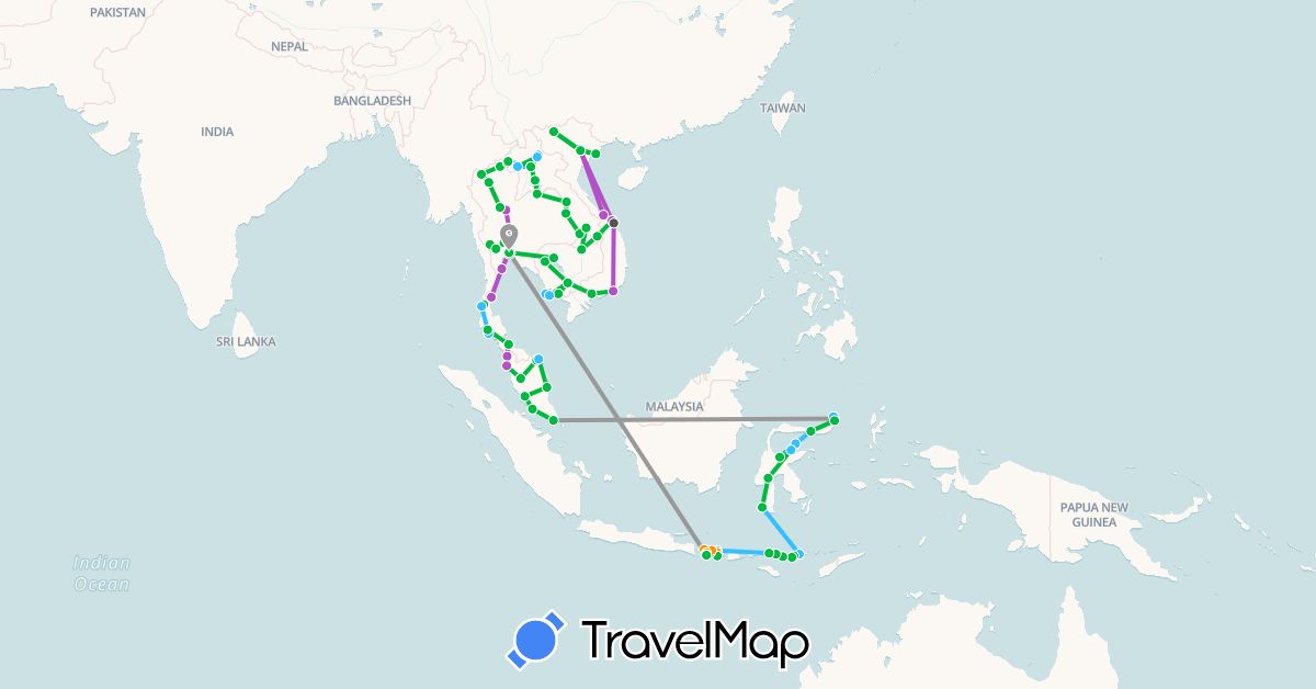 TravelMap itinerary: bus, plane, train, boat, hitchhiking, motorbike in Indonesia, Cambodia, Laos, Malaysia, Thailand, Vietnam (Asia)